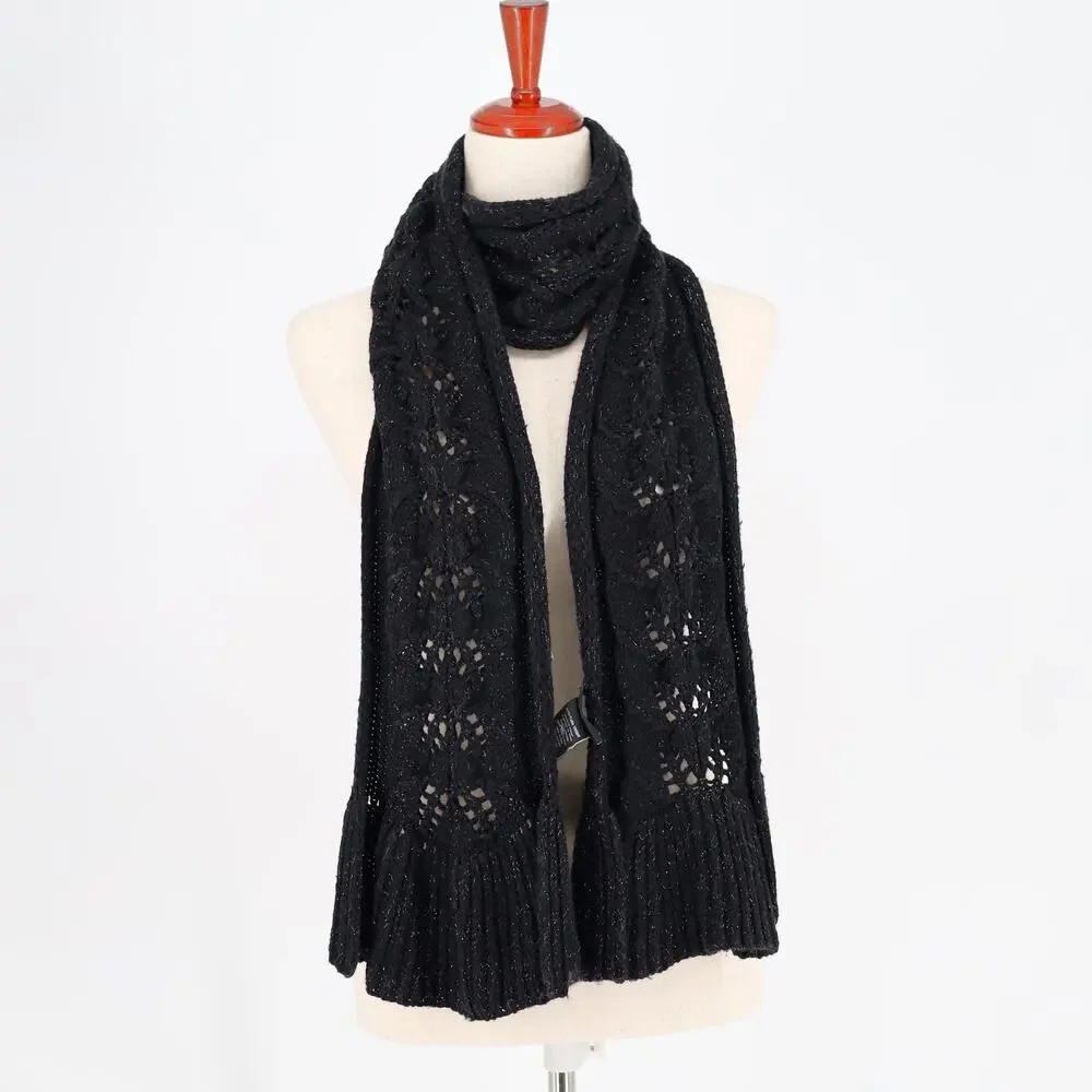 Badgley Mischka Women Black Silver Lurex Wool Blend Cable Knit Fishtail Scarf